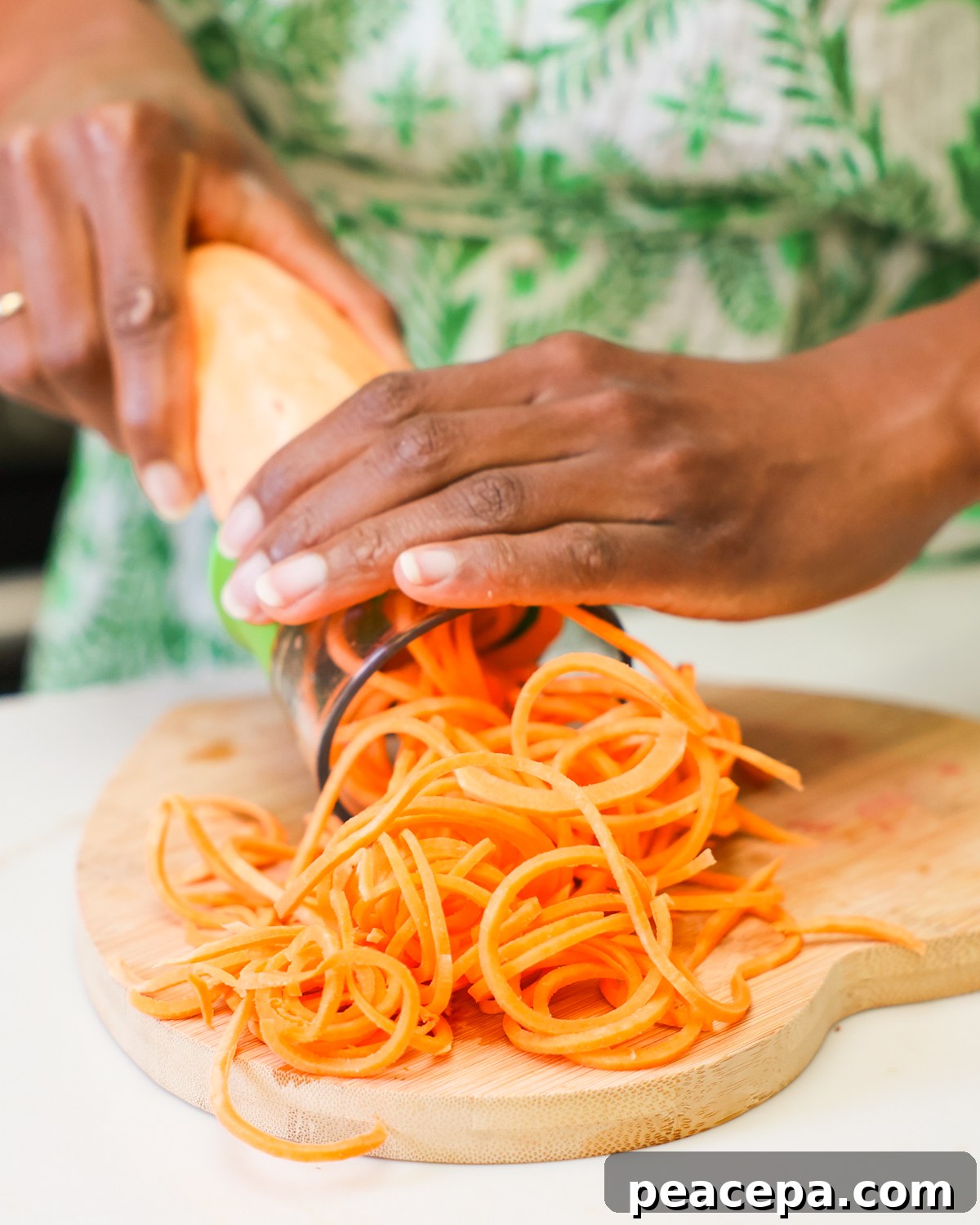 spiralizing sweet potato noodles