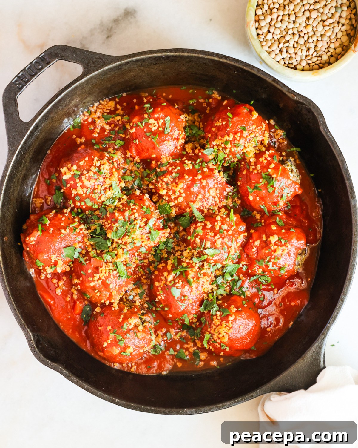 overhead of vegan meatballs in a skillet