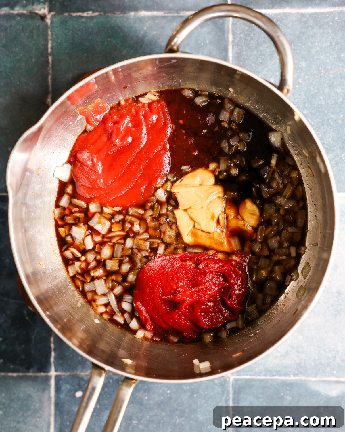 overhead of bbq sauce ingredients in a pan