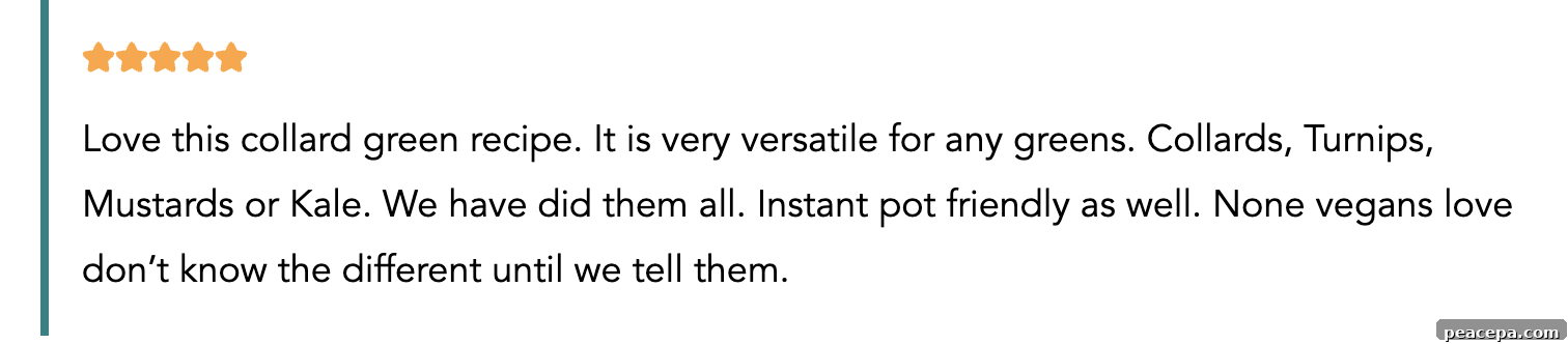 Screenshot of a recipe review for the vegan collard greens recipe.