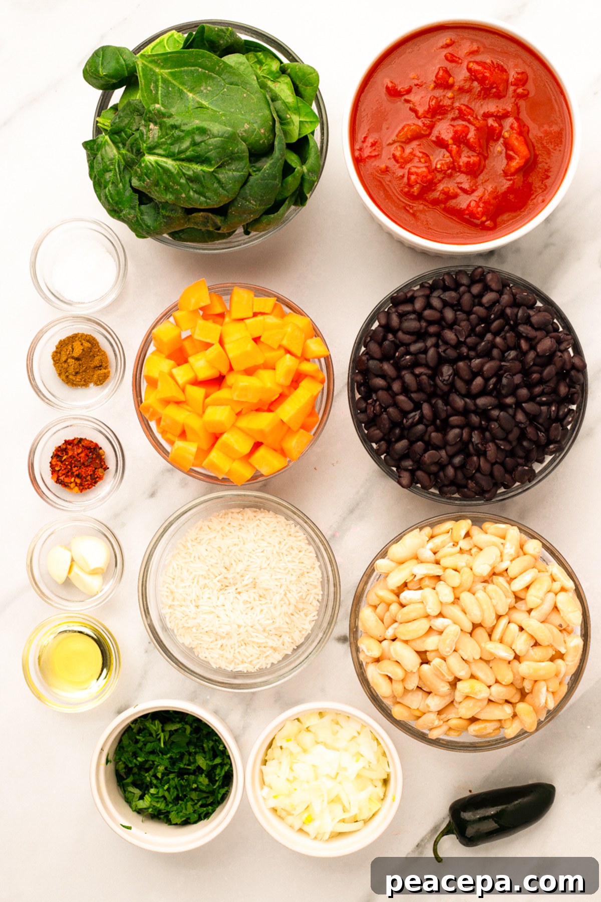overhead of sweet potato chili ingredients