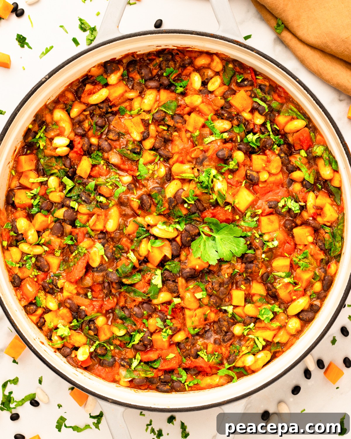 overhead sweet potato black bean chili in pot