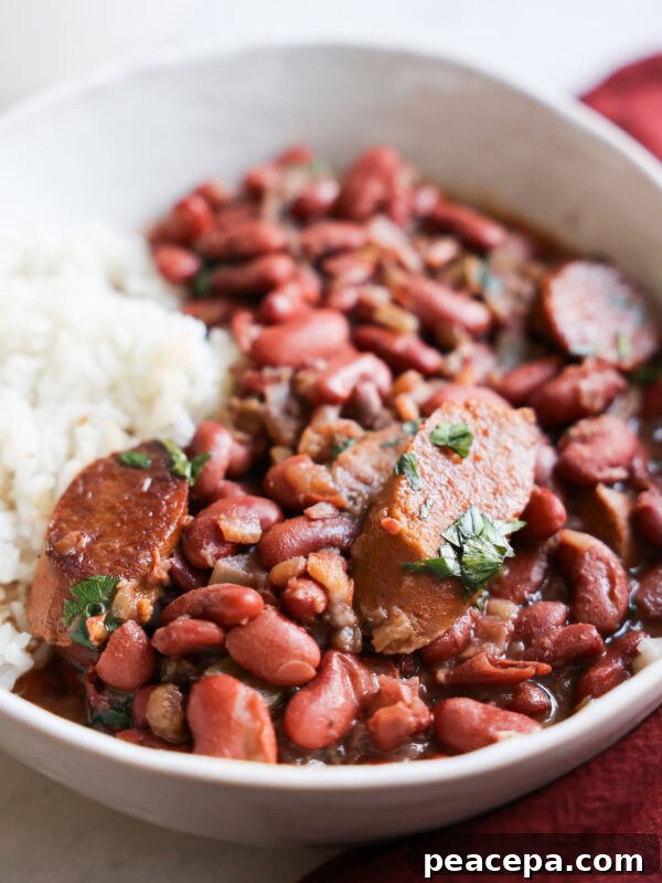 Red beans and rice in a white bowl