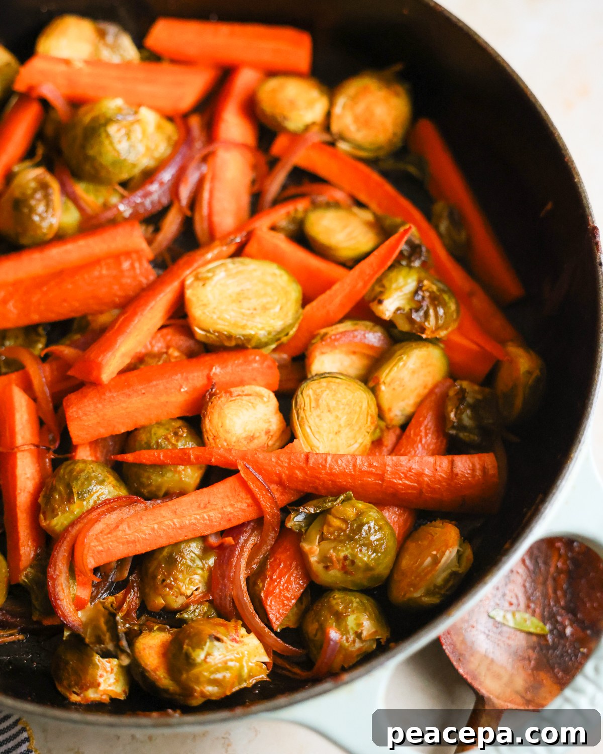close up of roasted brussels sprouts and carrots