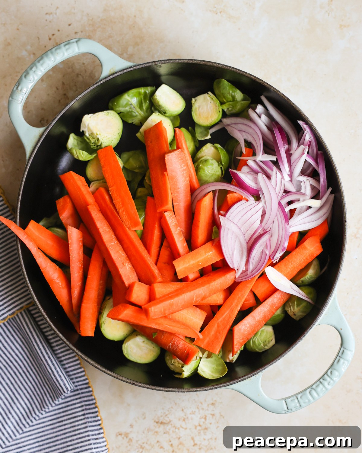 overhead chopped veggies in skillet