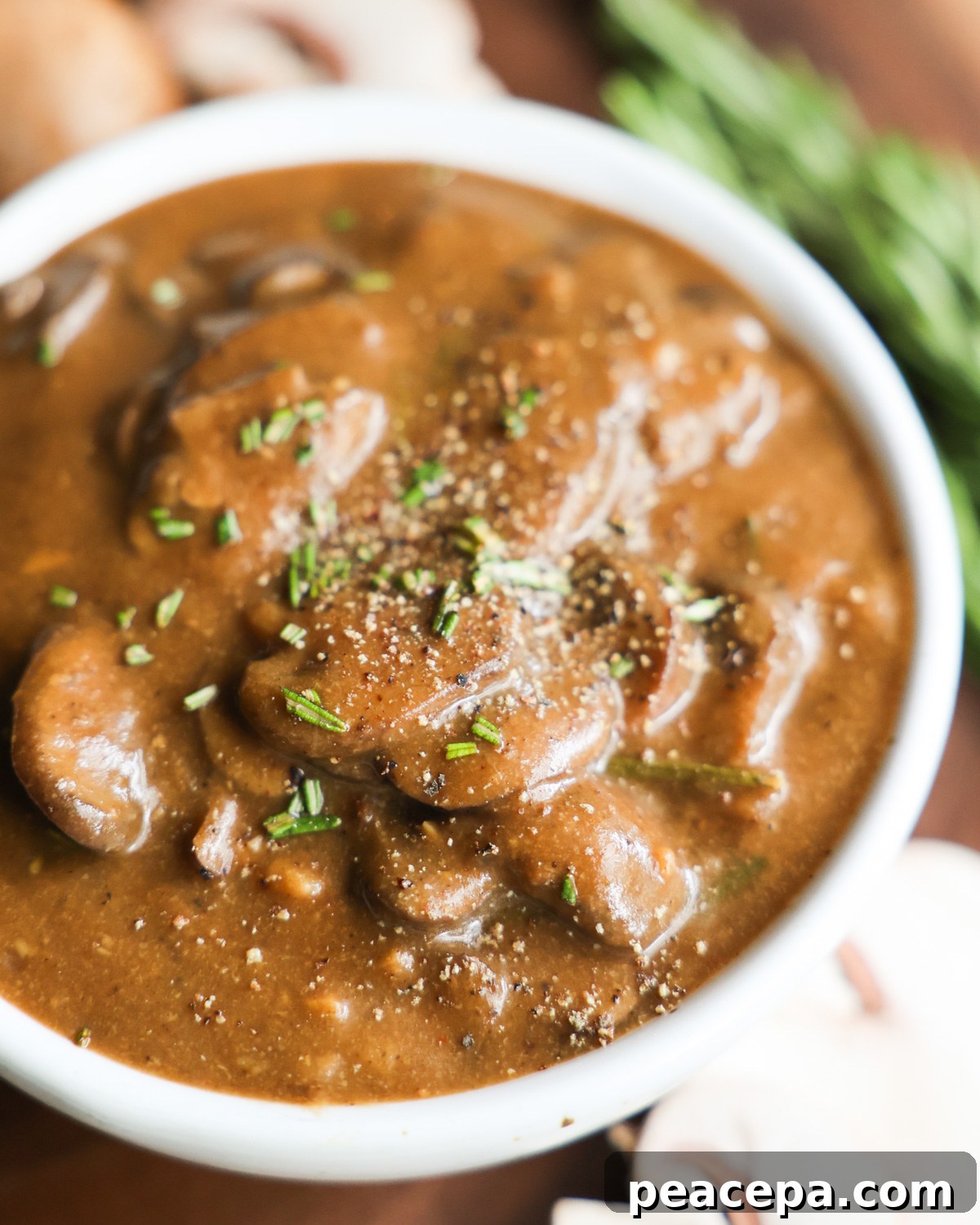 close up of vegan mushroom gravy in bowl