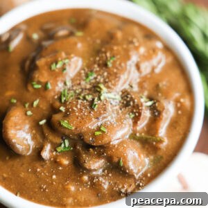 close up of vegan mushroom gravy in bowl