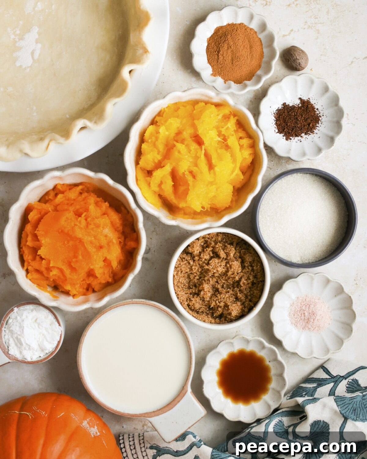 overhead of pumpkin pie ingredients