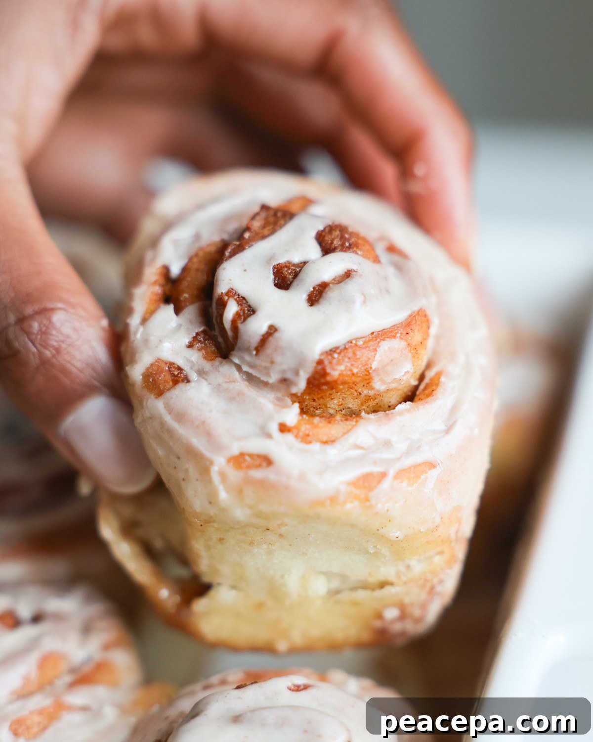 hand holding cinnamon roll