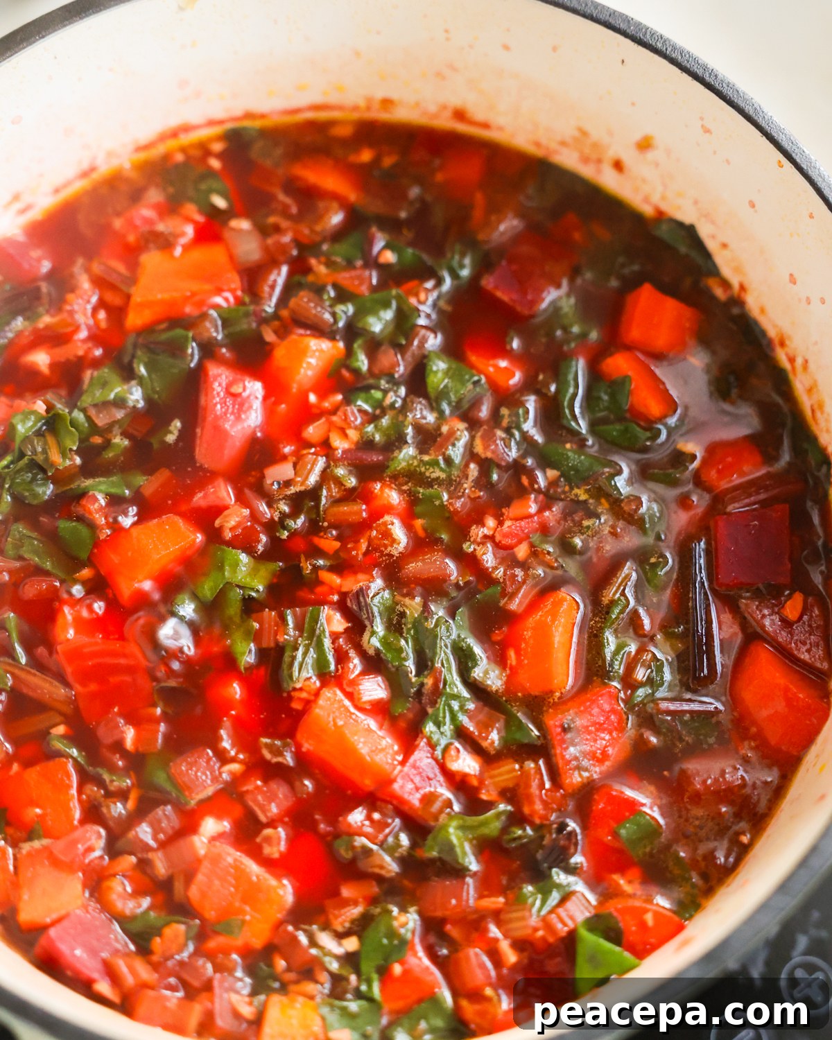 close up of beet soup;
