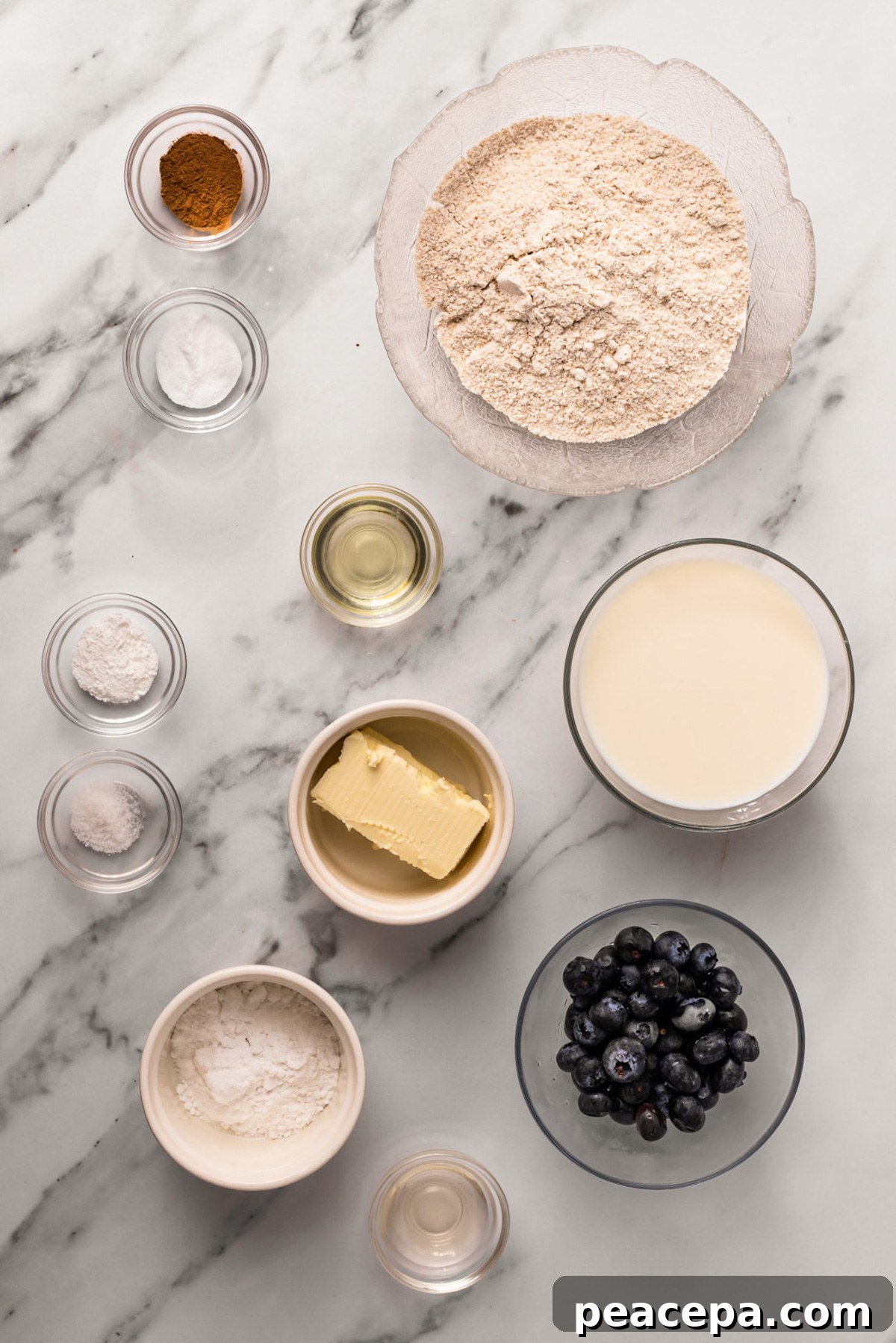 All of the ingredients to make vegan blueberry pancakes.