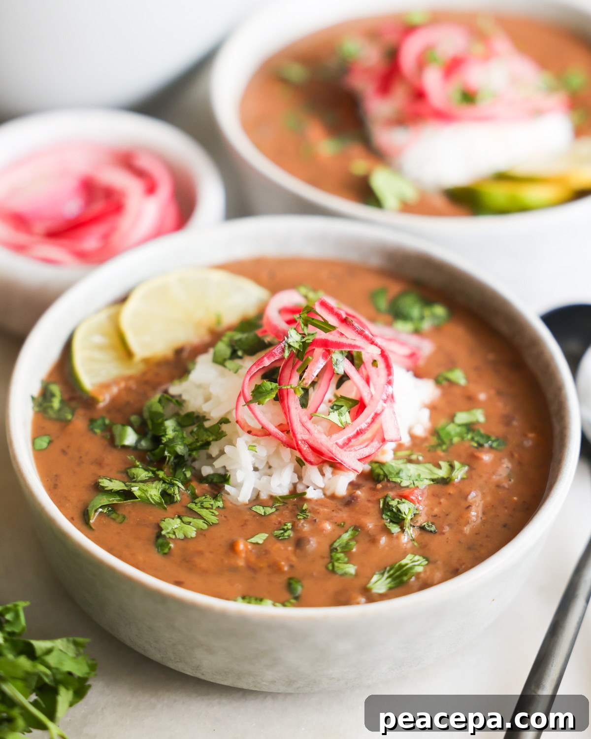 black bean soup topped with colorful garnish