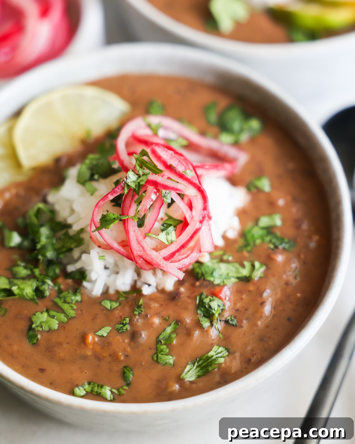 Black bean soup in a bowl.