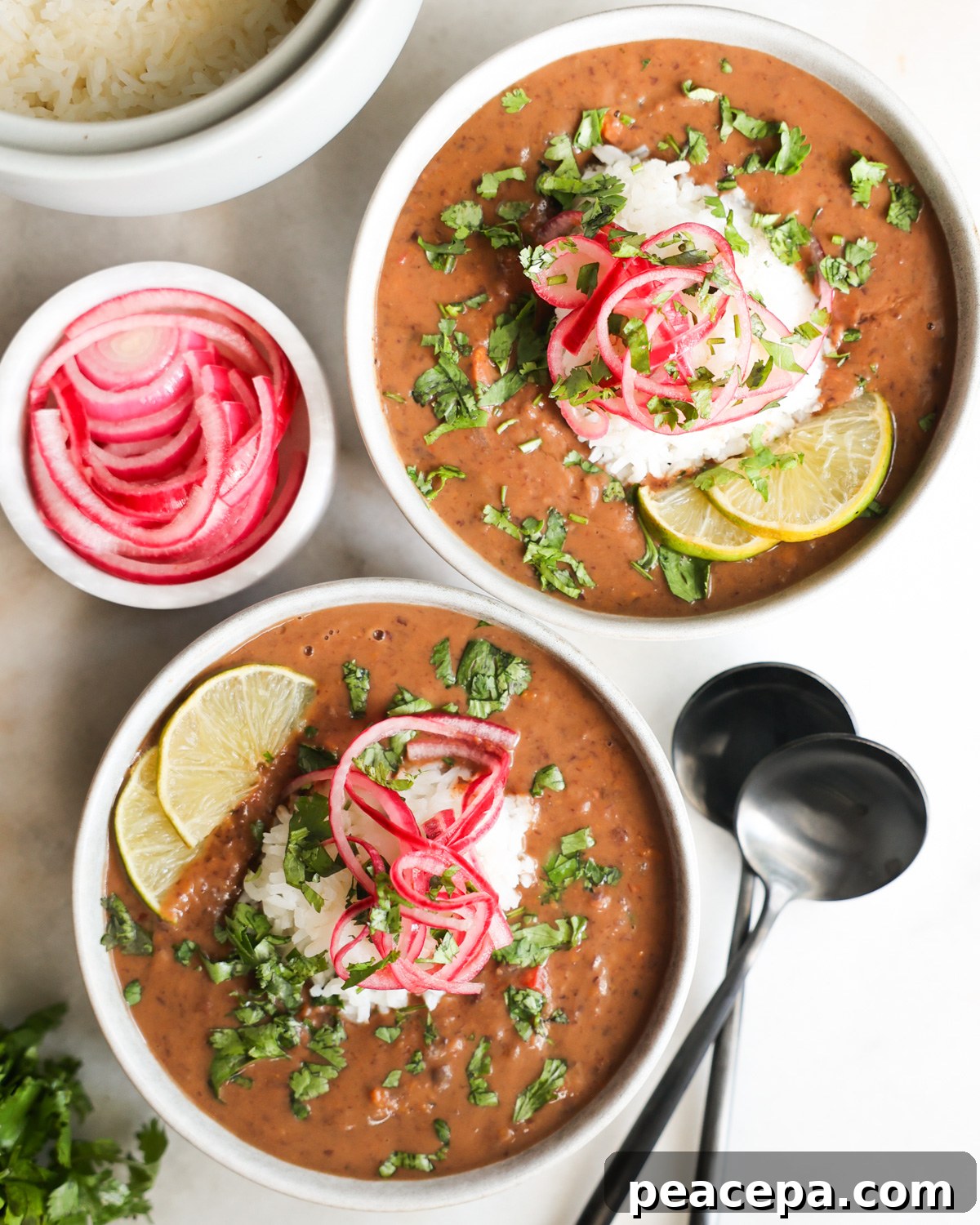 Instant Pot black bean soup in bowls.