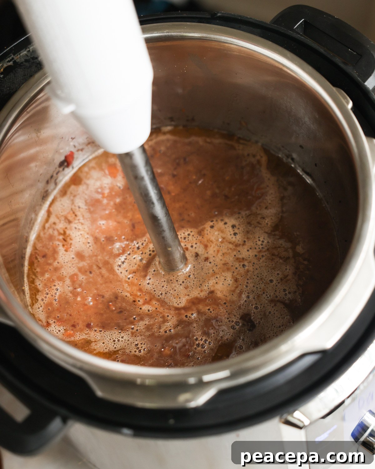Immersion blender in black bean soup.