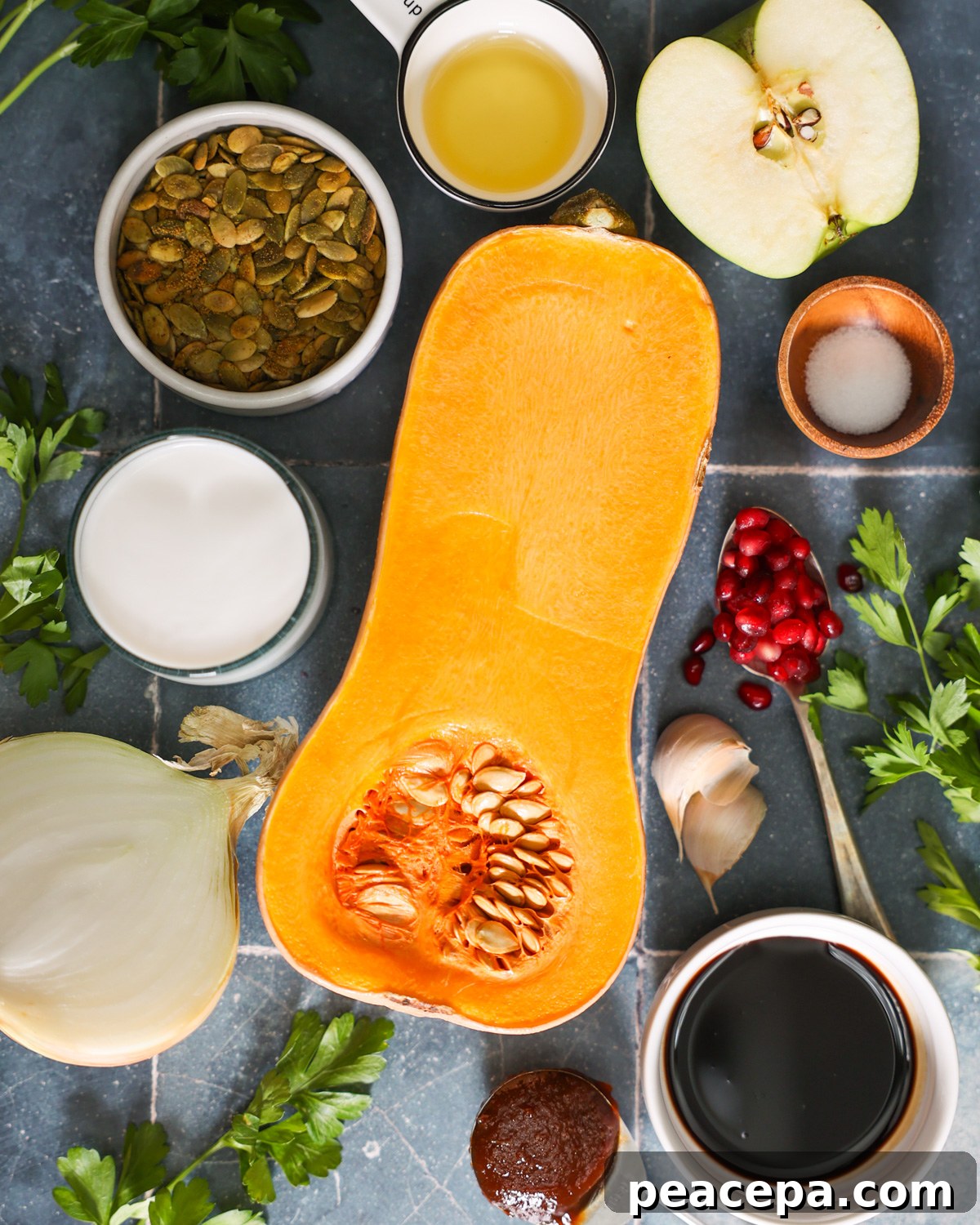 overhead of Vegan Butternut Squash Soup ingredients