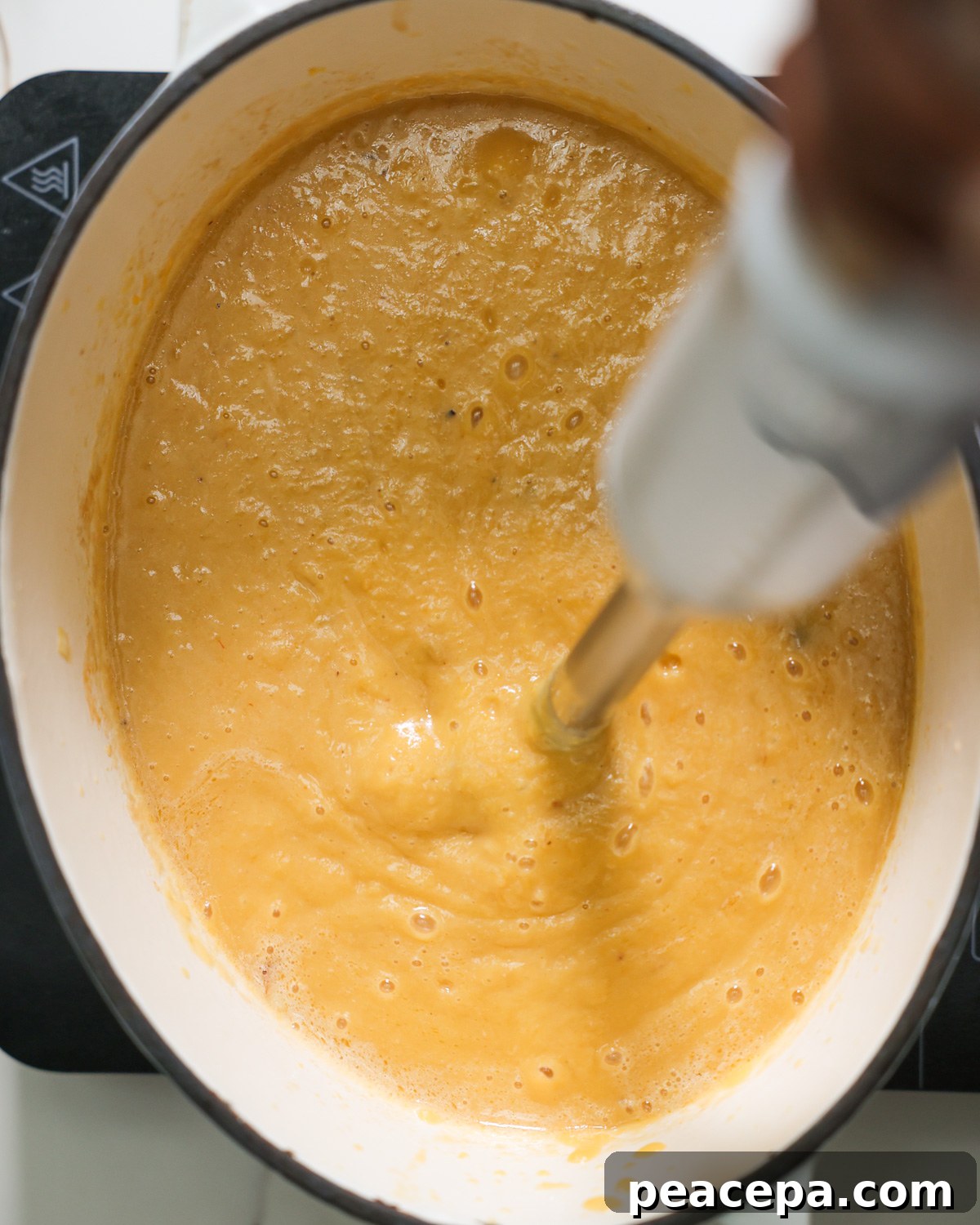 overhead of immersion blender blending soup