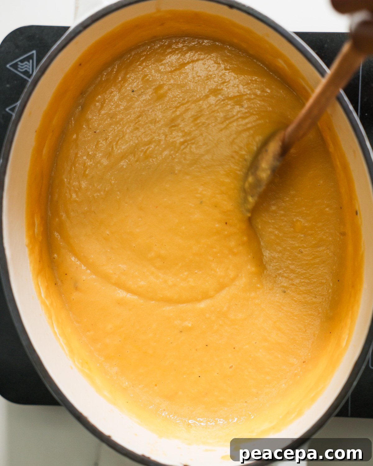 overhead of creamy coconut milk butternut squash soup
