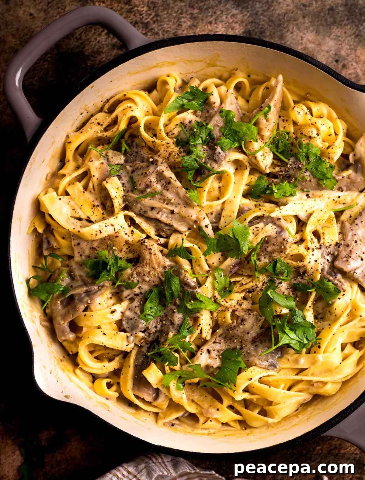 overhead of creamy mushroom alfredo pasta in pot