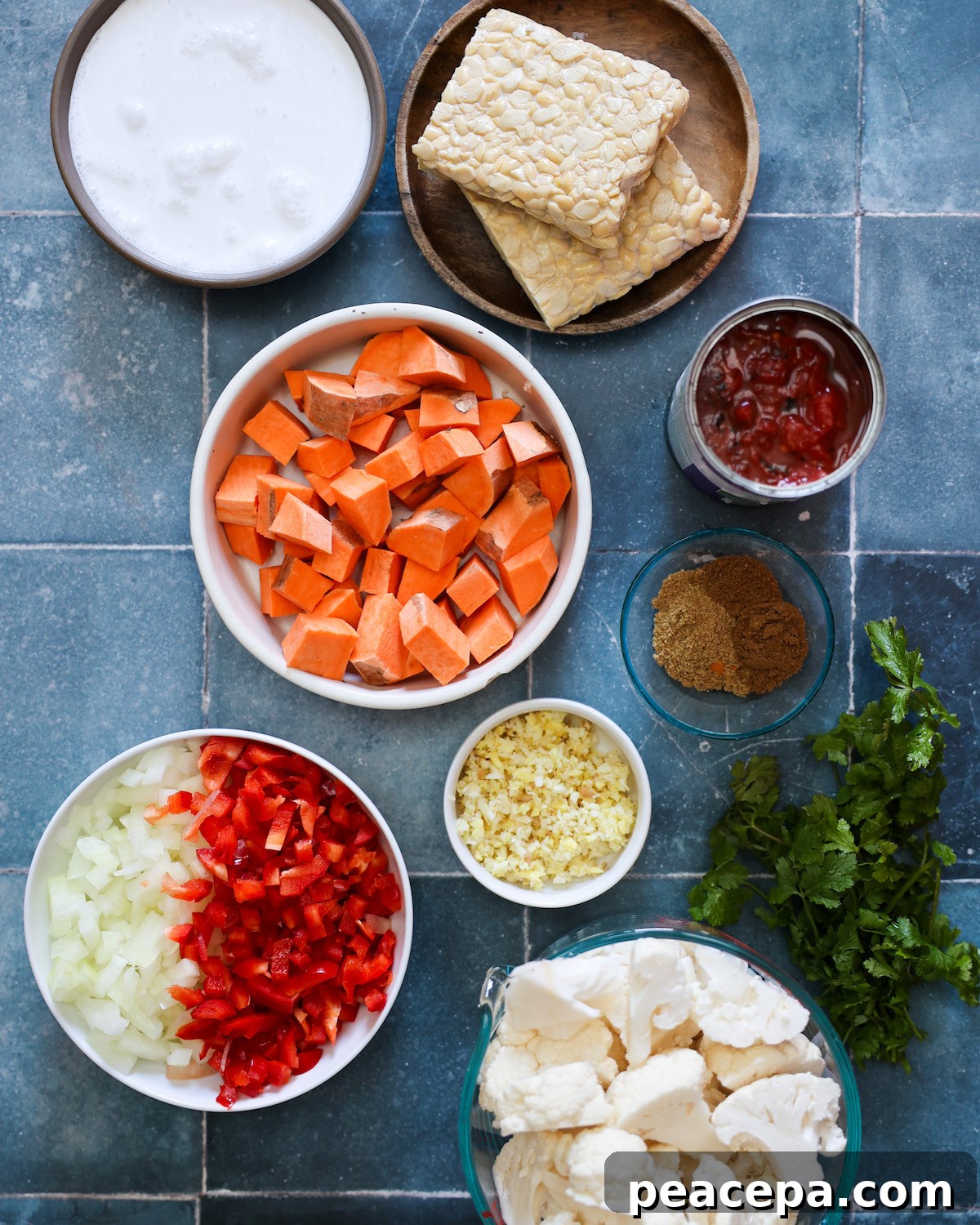 Ingredients for tempeh vegan tikka masala arranged on a blue tile counter.
