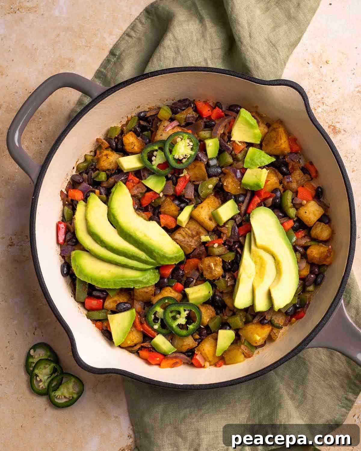 overhead of sweet potato breakfast hash in skillet