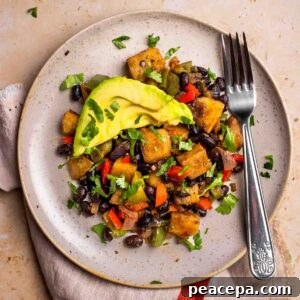 overhead of sweet potato breakfast hash on plate