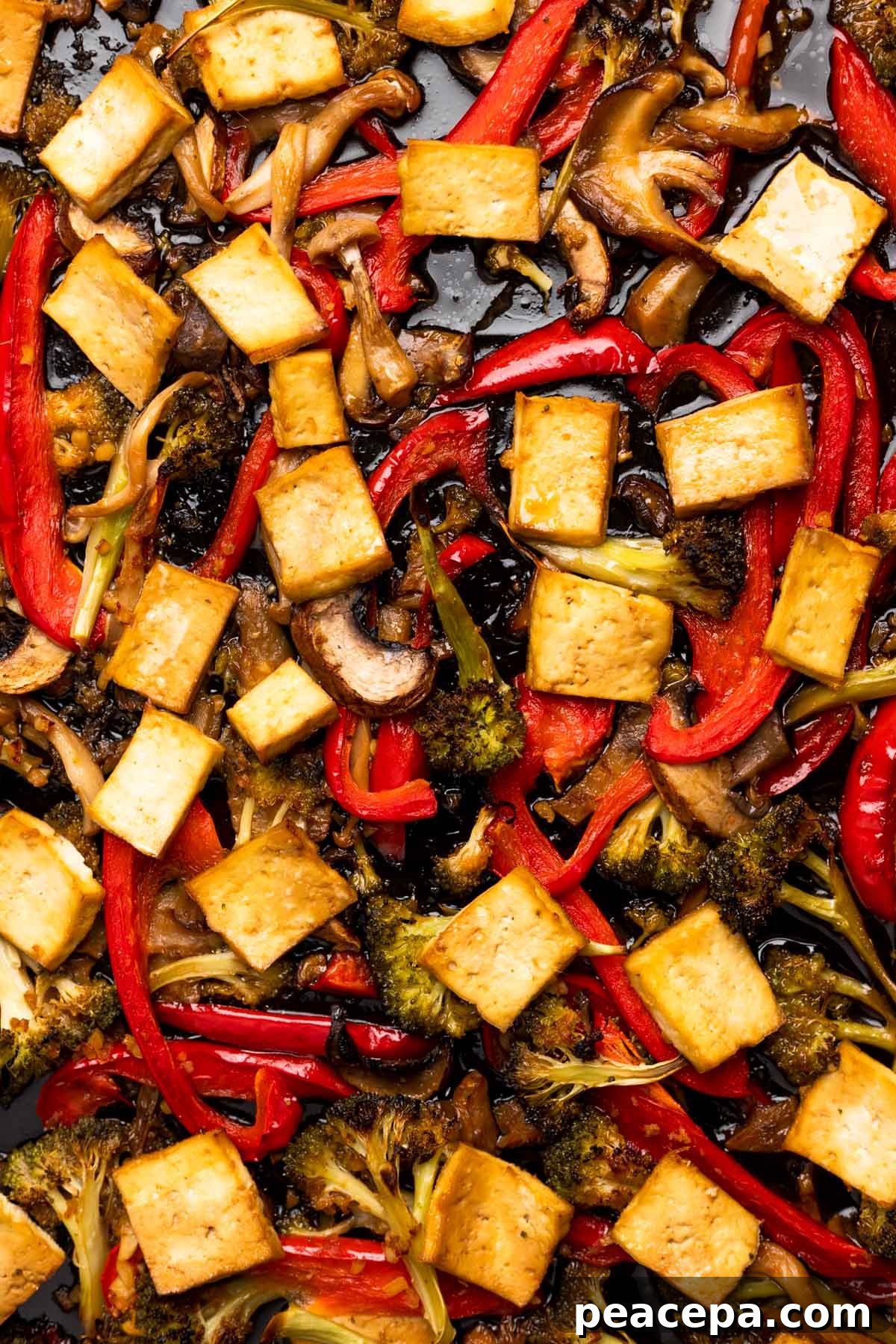 An up-close overhead shot of the maple teriyaki tofu & veggies.