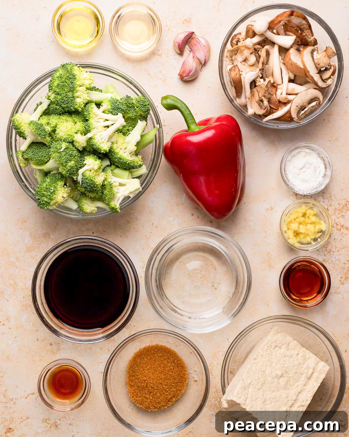 All of the ingredients for maple teriyaki tofu & veggies on the counter.