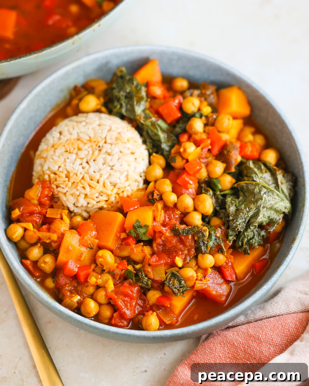 chickpea tagine in bowl with rice