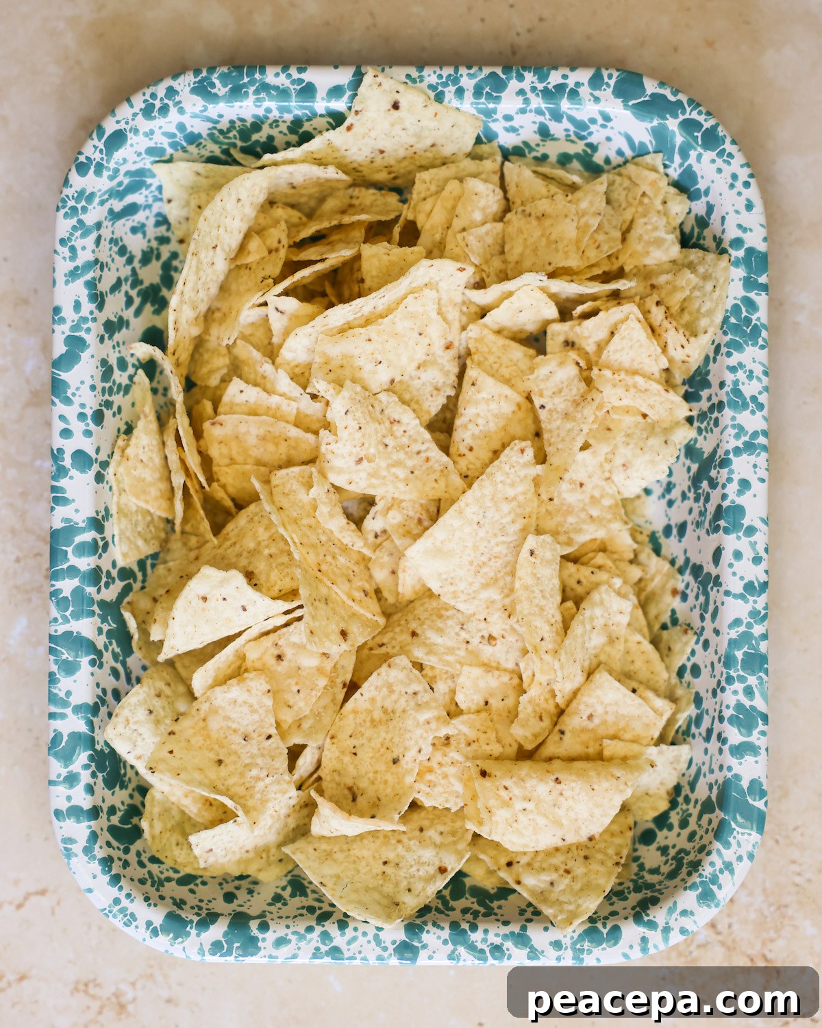 An overhead shot of a tray of tortilla chips.