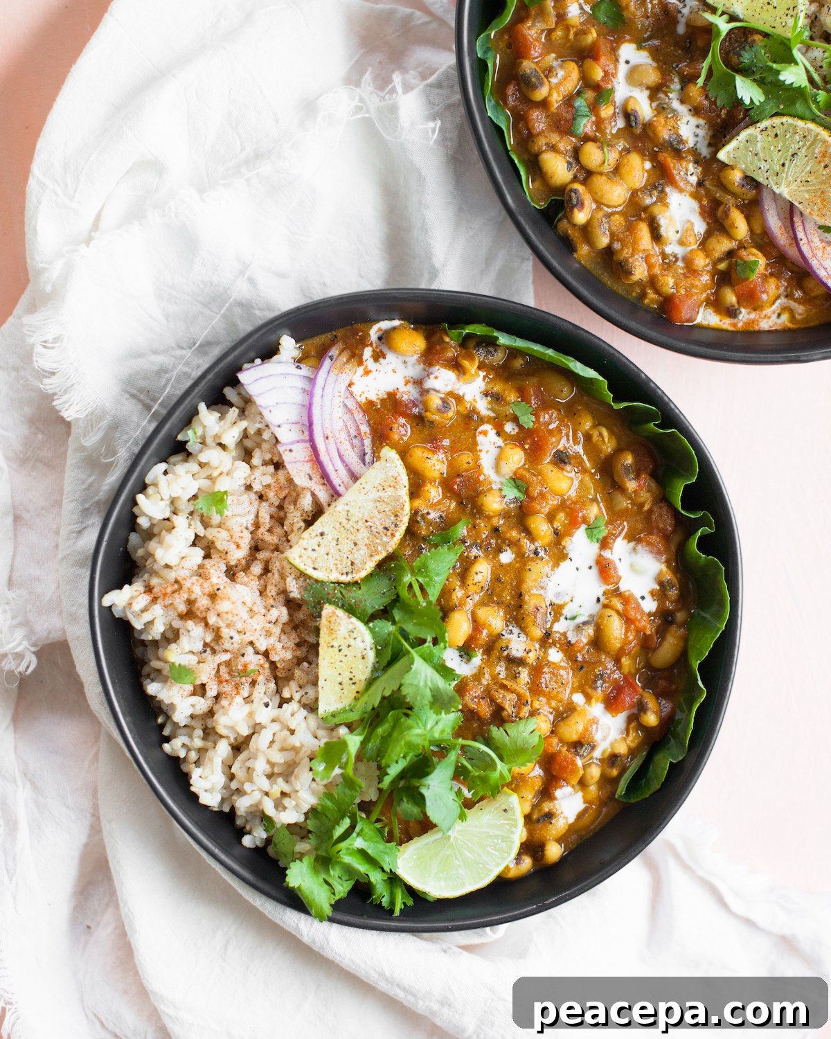 overhead of black eyed pea sweet potato curry