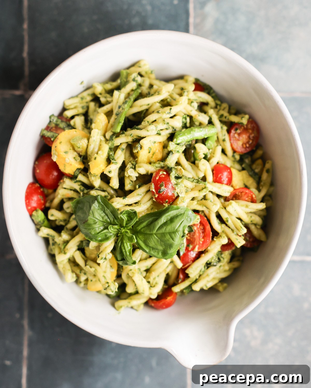 vegan pasta salad in white bowl