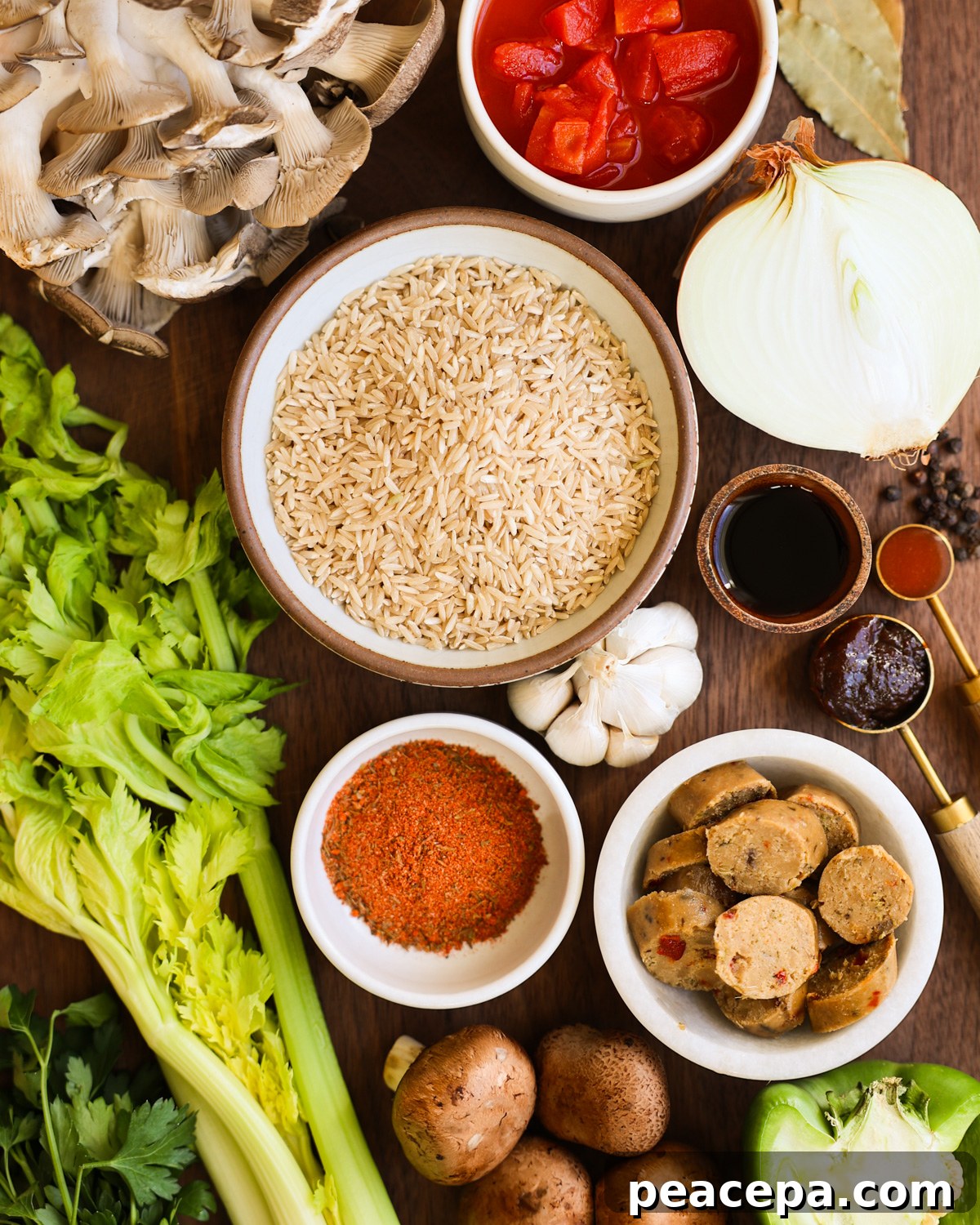 overhead of vegan jambalaya ingredients