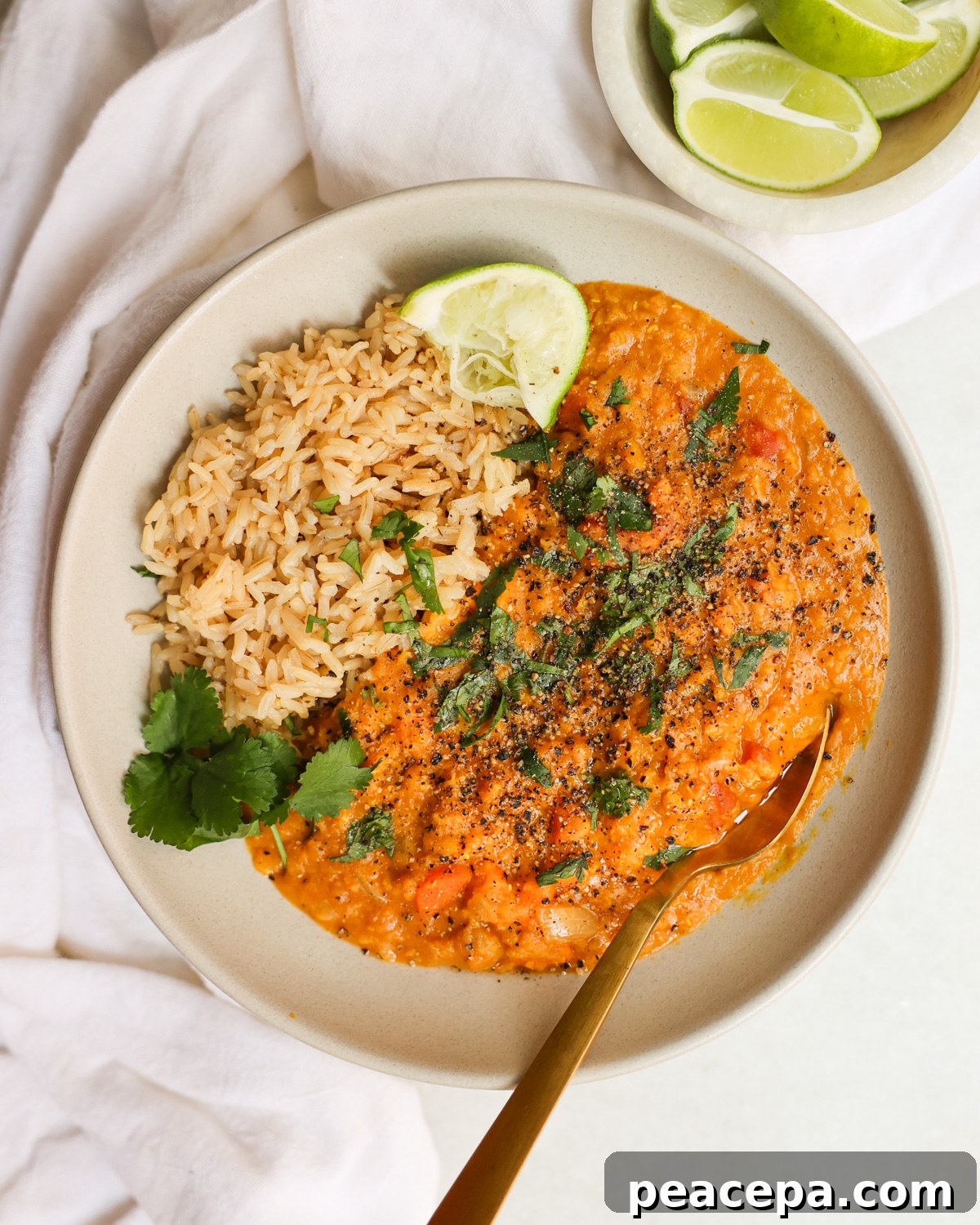 overhead of sweet potato lentil curry in bowl
