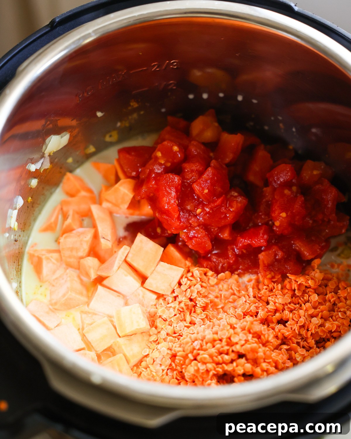 raw ingredients for lentil curry with sweet potatoes in instant pot