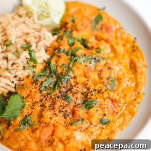 vegan red lentil curry in a white bowl