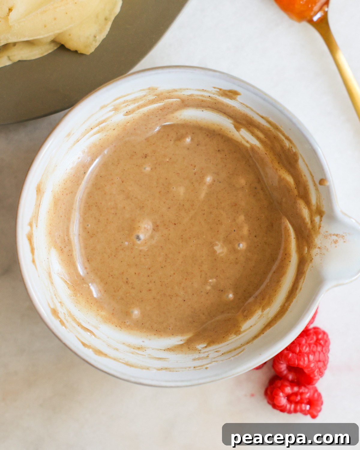 overhead of tahini maple cream in bowl