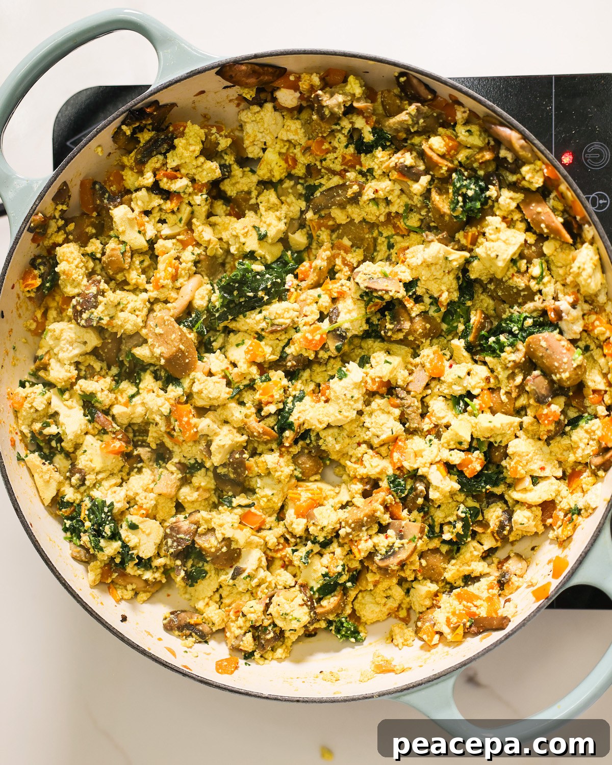 overhead of finished tofu scramble in skillet