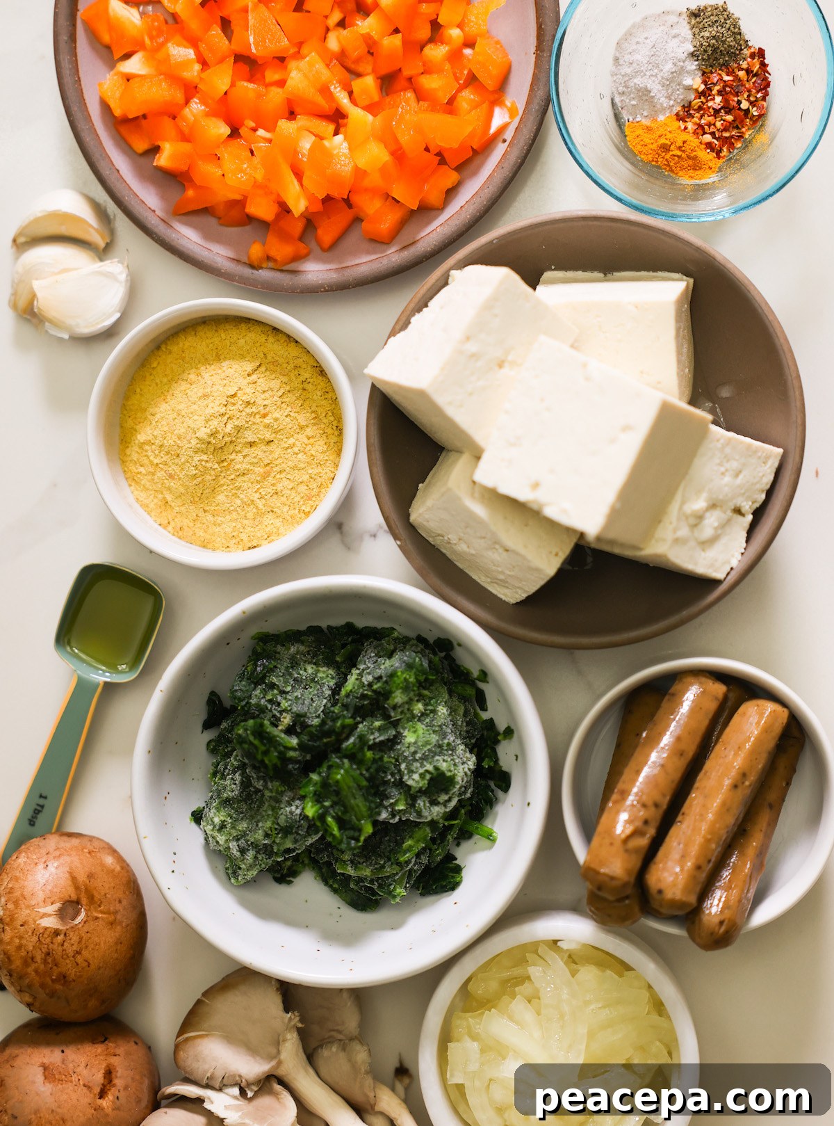 tofu scramble ingredients on white counter