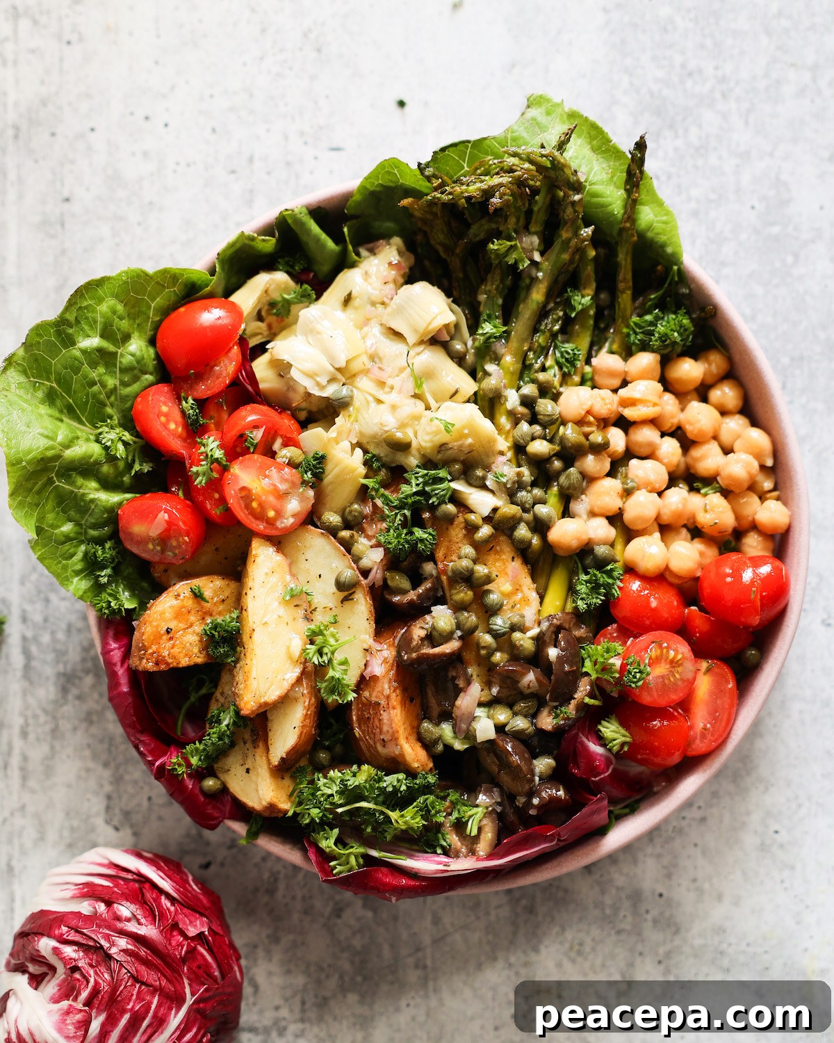 overhead of vegan nicoise salad in large serving bowl 