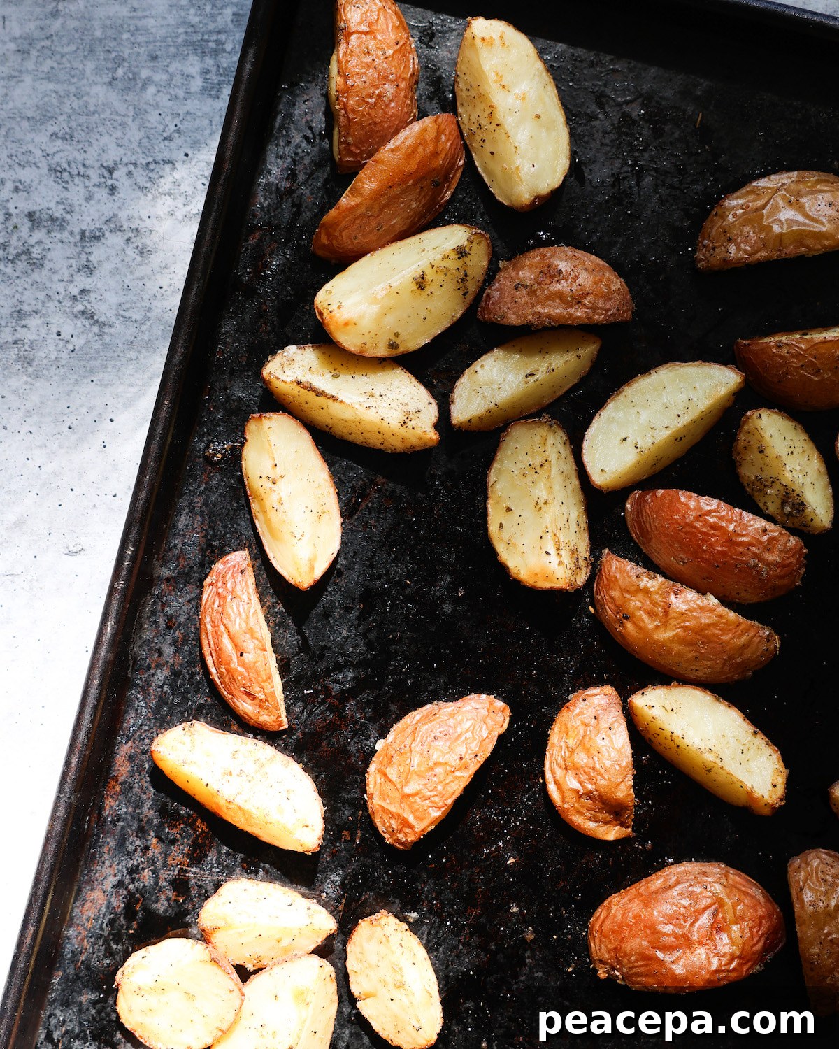 roasted red potatoes on baking sheet