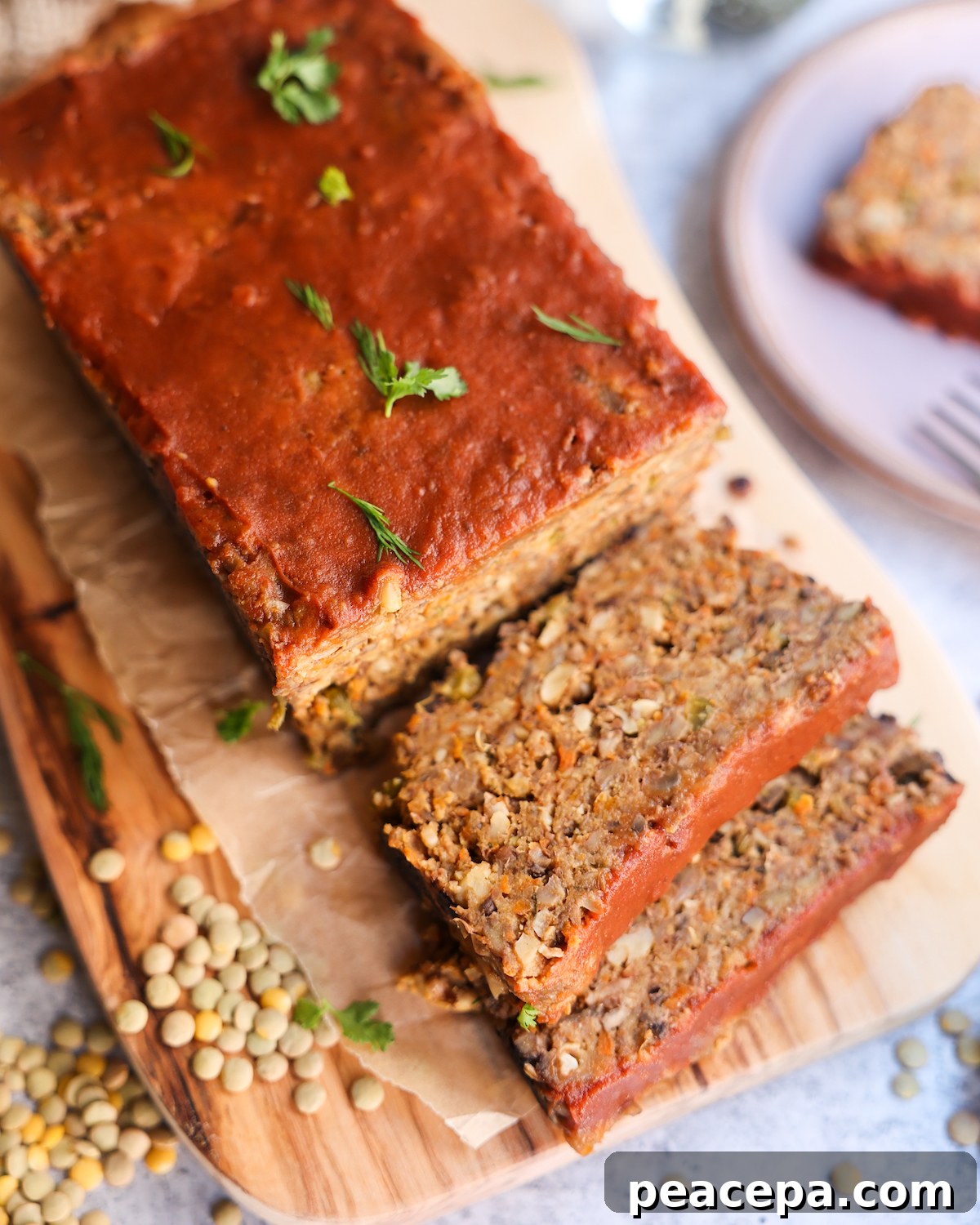 vegan lentil meatloaf on serving tray