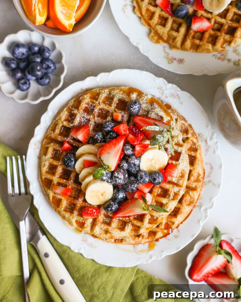 plated vegan waffles topped with fresh fruit