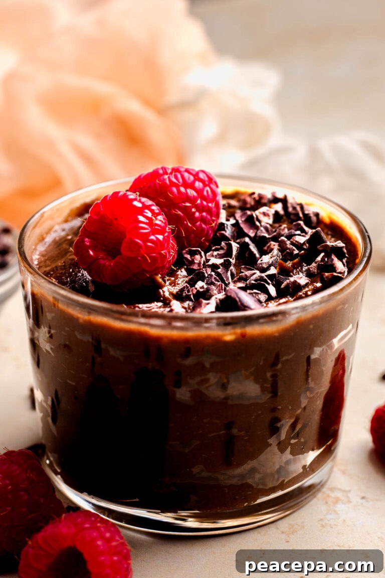 An up-close side shot of a small dish of the vegan chocolate pudding topped with carob chips and raspberries.
