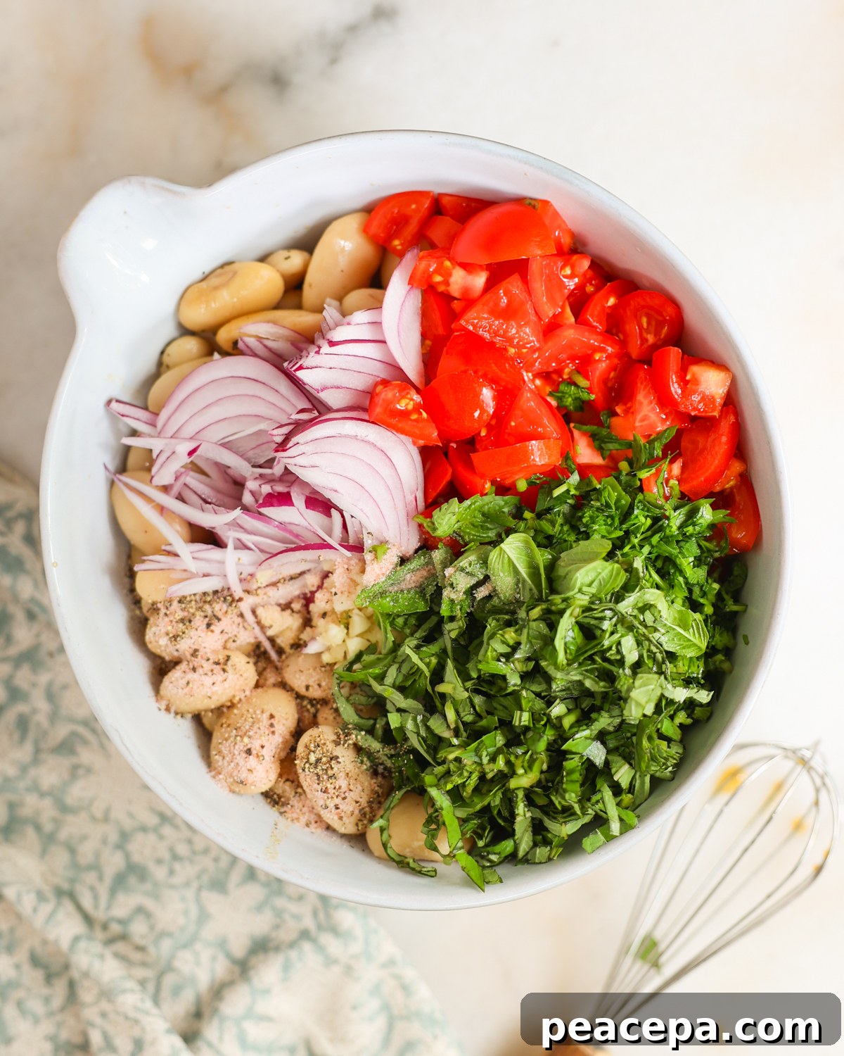 overhead of salad ingredients in bowl