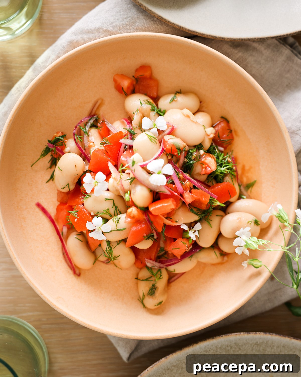 overhead of white bean salad on a plate
