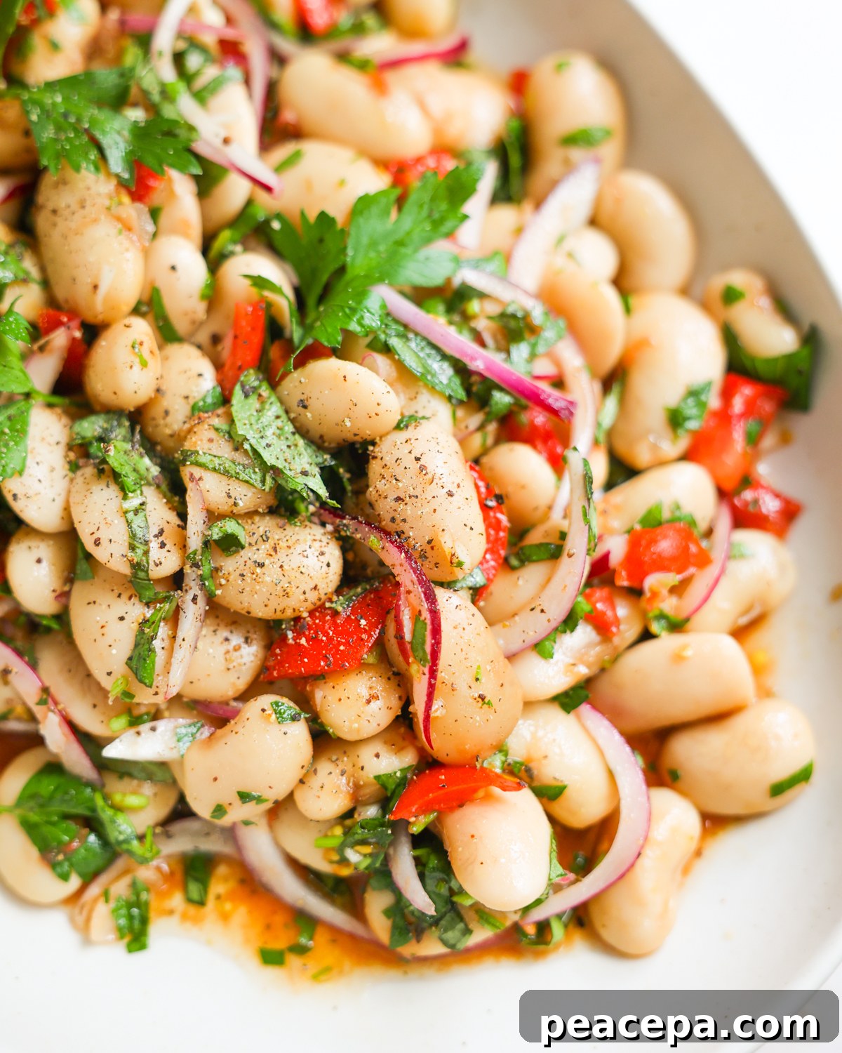 close up of marinated white bean salad