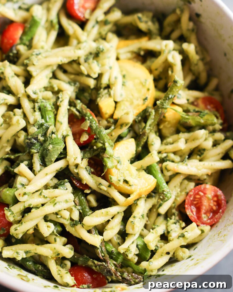 vegan pasta salad in white bowl