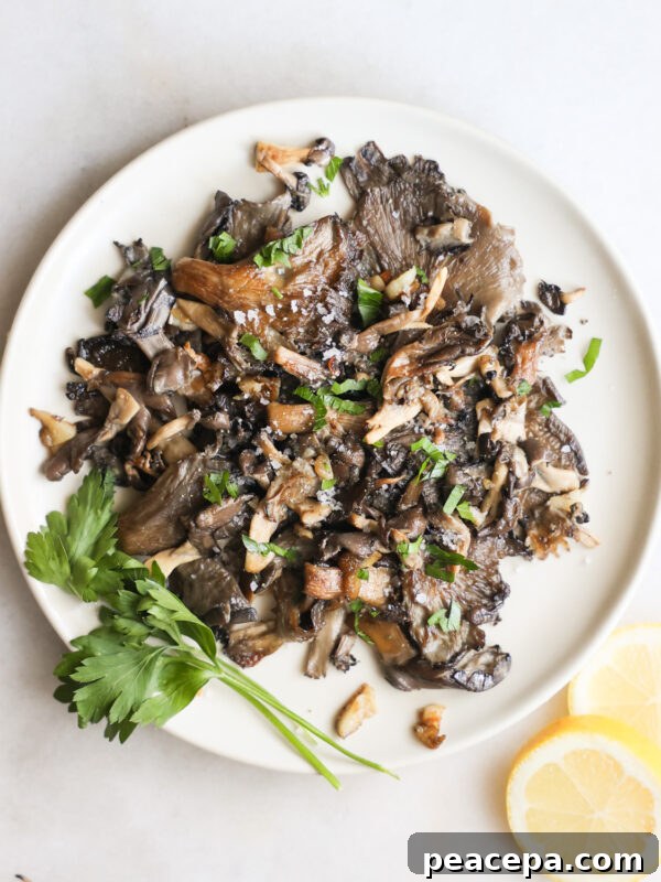 overhead of pan-fried oyster mushrooms recipe on a plate with parsley garnish