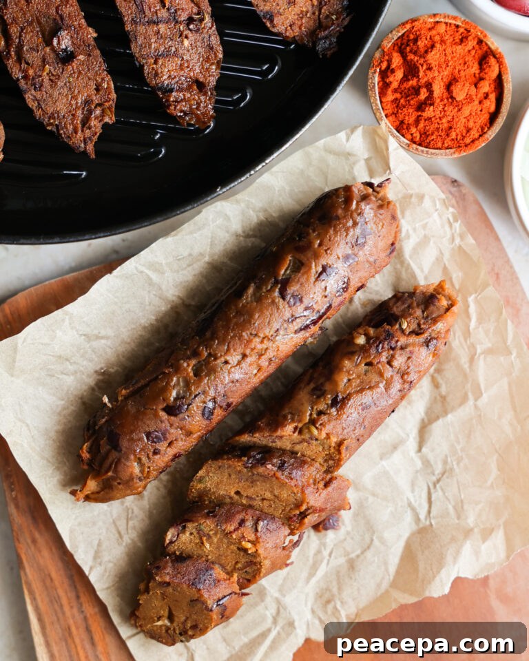 Whole and partially-sliced Vegan Sausages.